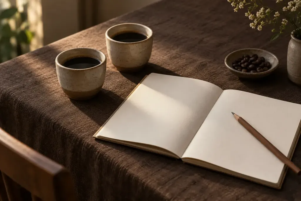 Ilustrasi dua cangkir kopi di samping buku catatan kosong.